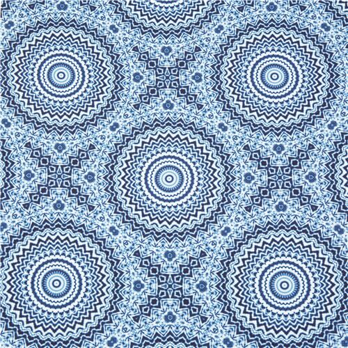 Tissu bleu mandalas, motifs gomtriques circulaires Tissu