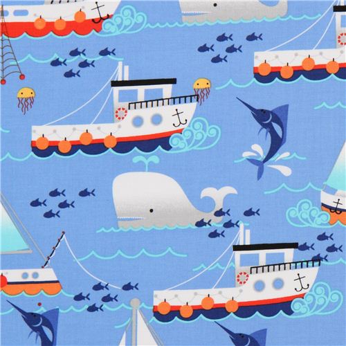 blue maritime fabric boat whale fish Michael Miller Fabric