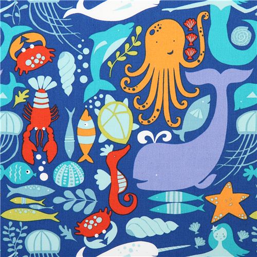 Tissu bio Monaluna Sea Life bleu avec des animaux marins Tissu