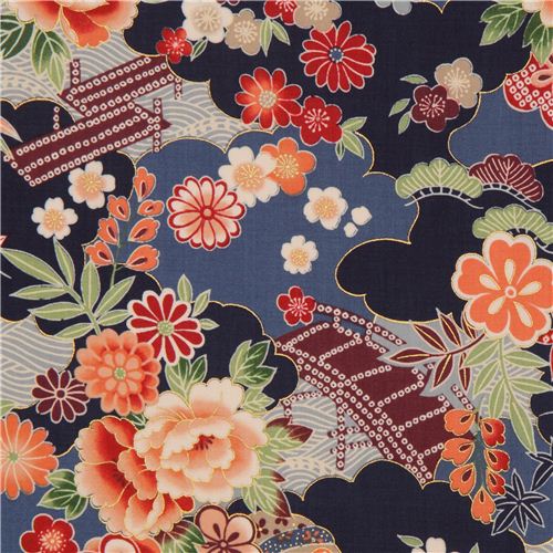 Tissu Kokka bleu-marine avec fleurs japonaises et dorures Tissu