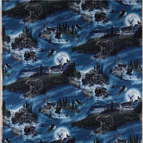 blue night landscape fabric deer bear Robert Kaufman 2