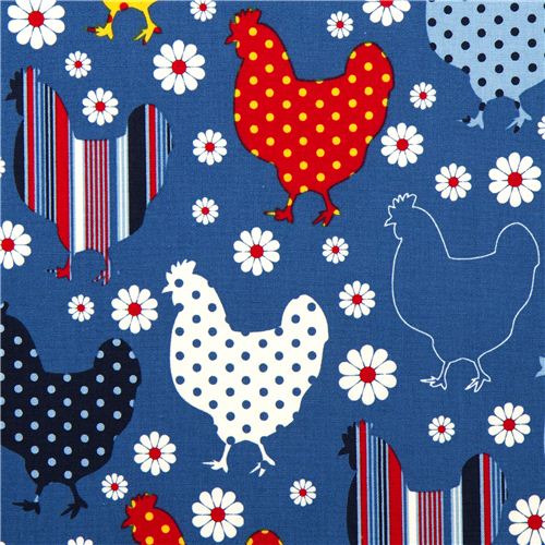 blue organic fabric chicken & flower by Robert Kaufman 1
