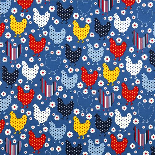 blue organic fabric chicken & flower by Robert Kaufman 2