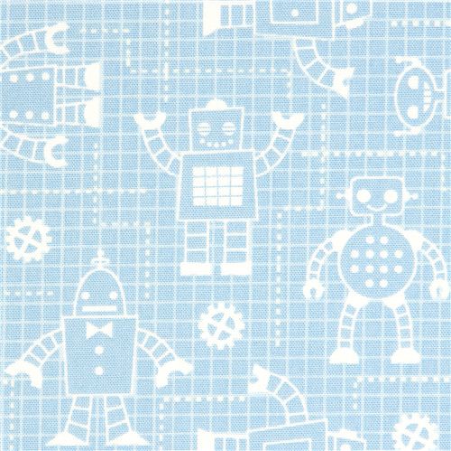 blue organic fabric with robots by Robert Kaufman 1