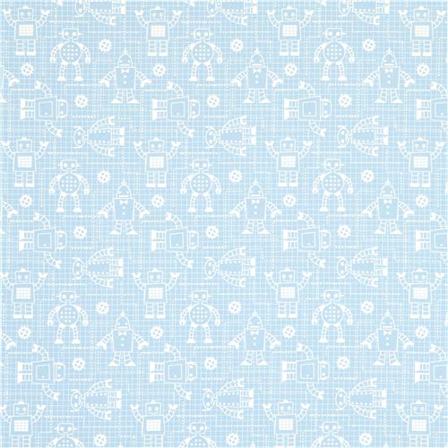 blue organic fabric with robots by Robert Kaufman 2