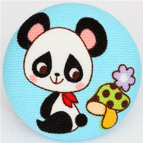 blue panda button mushroom Japanese fabric button 1