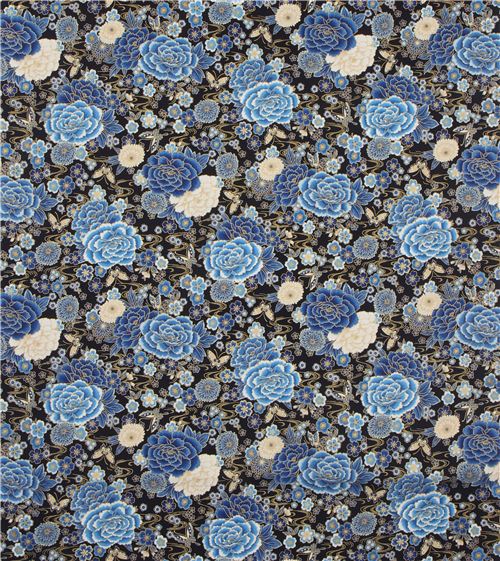 Remnant 30 cm - blue peony fabric by Robert Kaufman in black 3