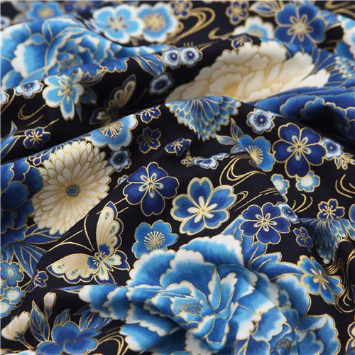Remnant 30 cm - blue peony fabric by Robert Kaufman in black 4