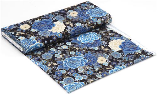 Remnant 30 cm - blue peony fabric by Robert Kaufman in black 6
