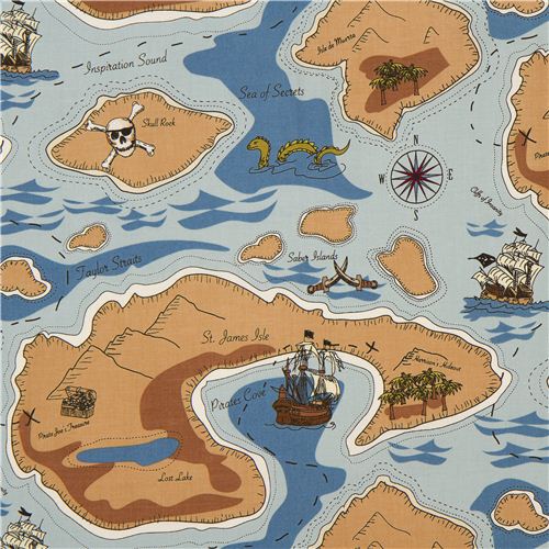 Tela azul piratas Riley Blake mapa tesoro calavera EE. UU. Tela