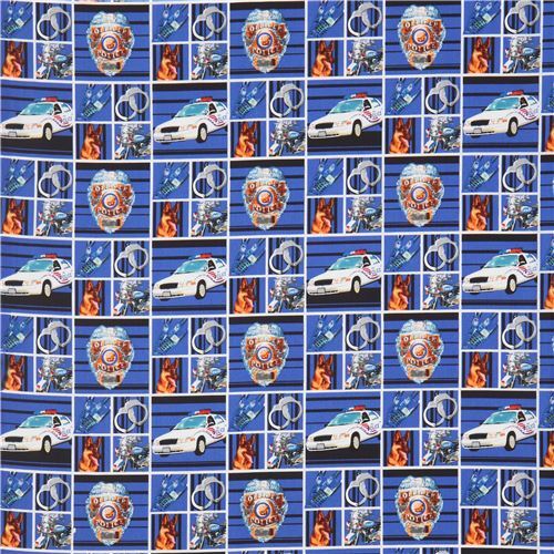 Fat Quarter (50 x 56 cm) - Tissu de courtepointe bleu avec des voitures de police 2