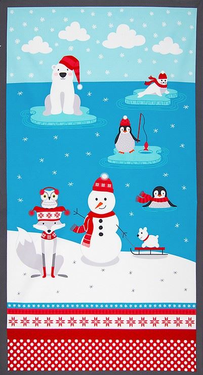 Tissu bleu, rouge, gris bonhommes de neige, animaux, Polar Pals Tissu