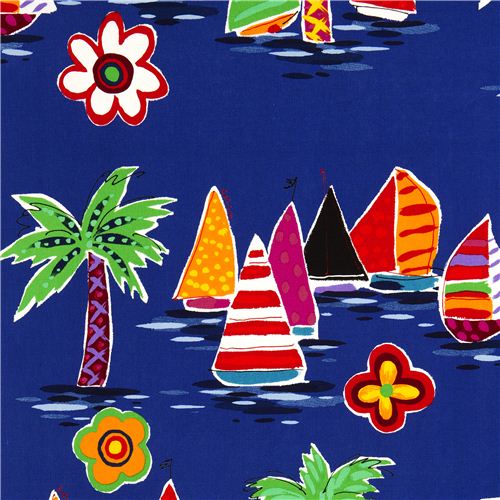 tessuto blu sailing barche a vela e palme Alexander Henry Tessuto