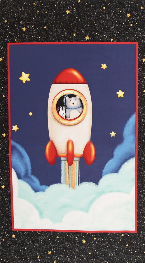Outer Space Animals Red Space Rocket Fabric
