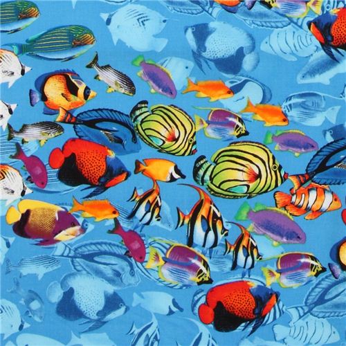tessuto blu pesci tropicali Timeless Treasures USA Tessuto