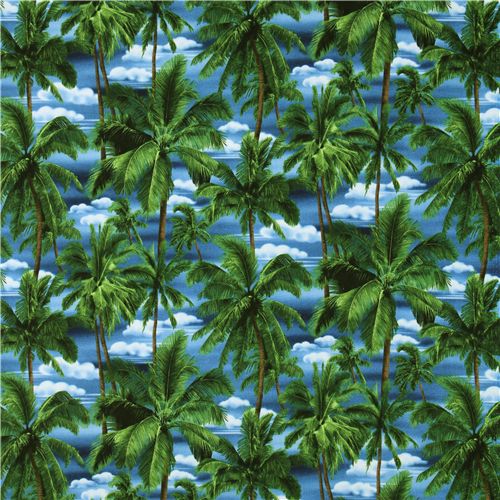 blue tropical palm trees fabric Robert Kaufman 2