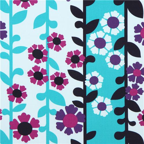 Toile Robert Kaufman USA bleue-turquoise avec des bandes à fleurs Tissu