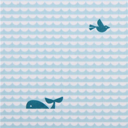 Tissu bio Birch Waves and Whales, vagues et baleines bleues Tissu