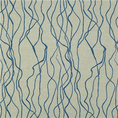 blue wavy lines on grey cotton linen fabric by Robert Kaufman Fabric