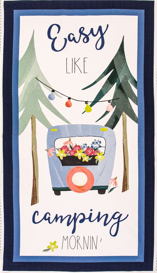 Tela algodn panel caravana camping rboles flores en azul blanco Tela