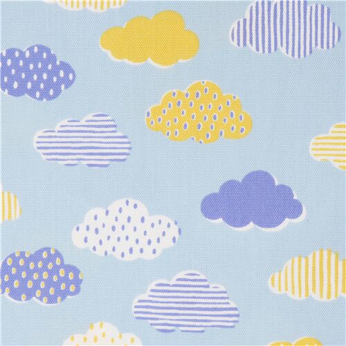 Blue Kawaii Retro Stripey Clouds and Raindrops Fabric