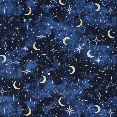 blue yellow moon stars cotton fabric by Timeless Treasures Fabric