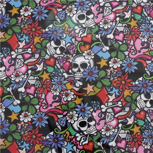 Chutes de tissu de (35 x 114 cm) - Tissu lamin� en coton Alexander Henry os cr�nes t�tes de mort mul 2