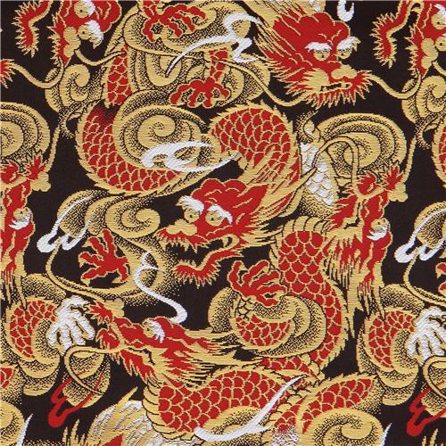 brocade kimono fabric with red gold dragon from Kyoto Japan Fabric