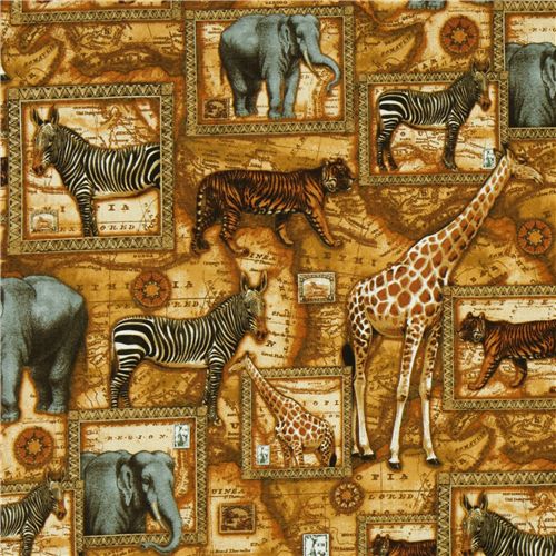 brown Africa fabric giraffe zebra tiger Robert Kaufman 1