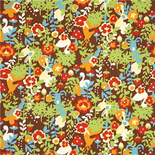 brauner Kokka Oxfordstoff mit Tieren & Blumen aus Japan 2