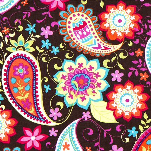 tessuto marrone Michael Miller Paisley Spree fiori grandi Tessuto