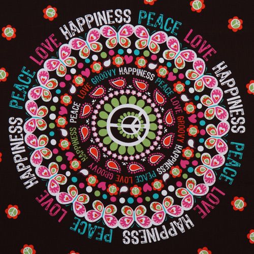 brauner Michael Miller Stoff Peace Love Happiness Blume 1