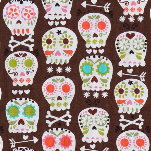 brown Michael Miller fabric colourful skulls bonehead 1