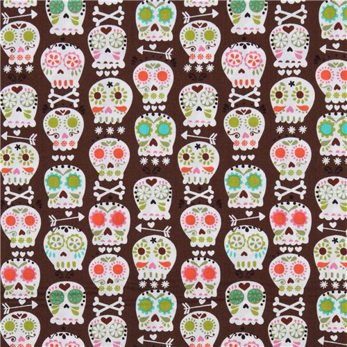 brown Michael Miller fabric colourful skulls bonehead 2