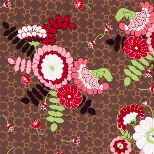 brown Michael Miller fabric flowers bouquet peacock 1