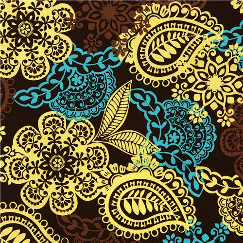 brown Michael Miller fabric with flower ornaments 1