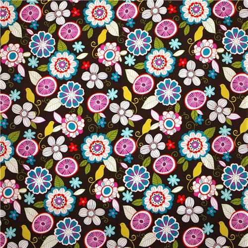 brown Michael Miller fabric with flowers & birds 2