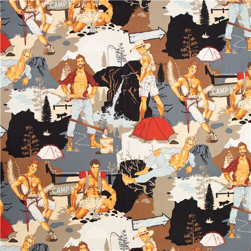 Chutes de tissu de (50 x 114 cm) - Tissu Alexander Henry marron et bleu-gris avec des hommes pin-ups 5