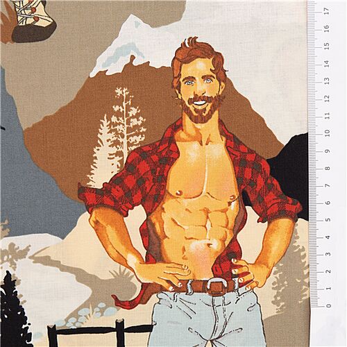 Chutes de tissu de (50 x 114 cm) - Tissu Alexander Henry marron et bleu-gris avec des hommes pin-ups 6