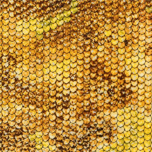 brown and yellow Robert Kaufman snake skin fabric with embellishment Fabric