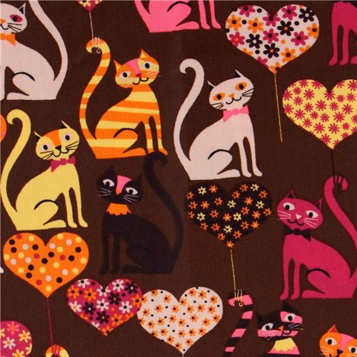 brown cats fabric kitty hearts kawaii 0.5m 1