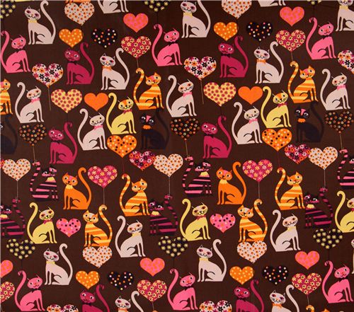 brown cats fabric kitty hearts kawaii 0.5m 2