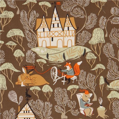 Tissu Dear Stella marron avec des animaux et des maisons Tissu
