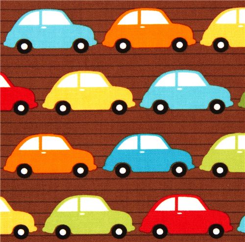 brauner Stoff für Jungs mit bunten Autos Robert Kaufman USA 1