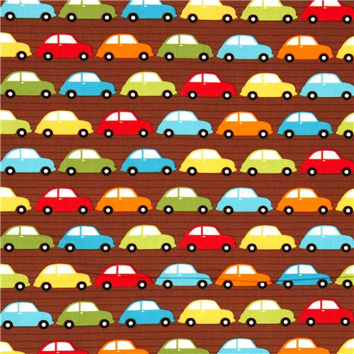 brauner Stoff für Jungs mit bunten Autos Robert Kaufman USA 2