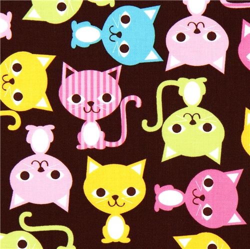 brown fabric with colourful cats Robert Kaufman kawaii 1