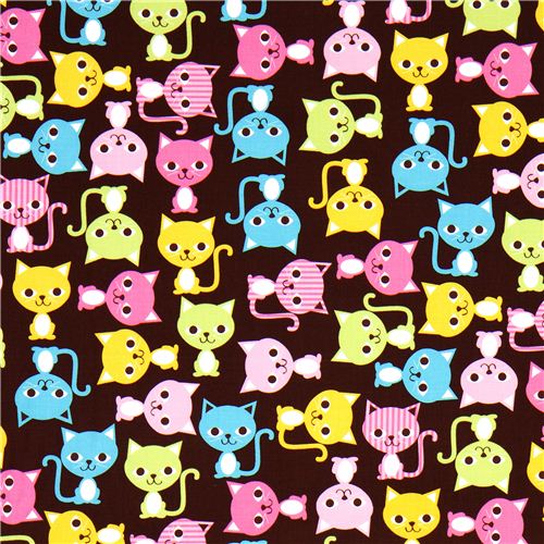 brown fabric with colourful cats Robert Kaufman kawaii 2
