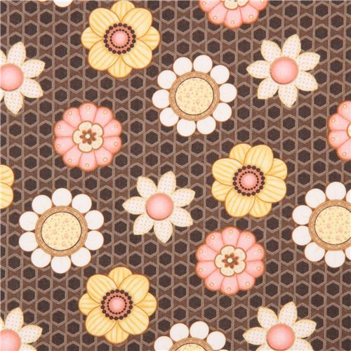 Tissu marron avec des nids d'abeilles et des fleurs, par Henry Glass USA Tissu