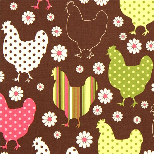 brown organic fabric chicken & flower par Robert Kaufman 1