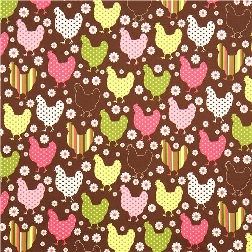 brown organic fabric chicken & flower par Robert Kaufman 2
